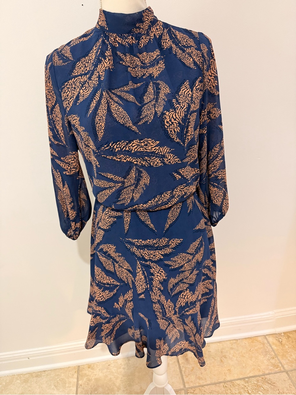 THML Navy Blue Dress with Tan Leaf Print, Long Sleeves